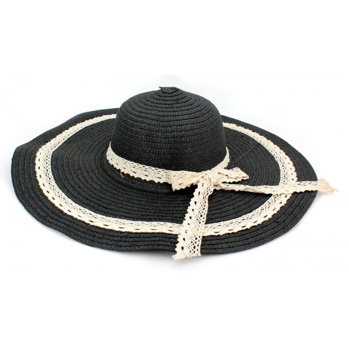 Wide Brim Hat -Straw Hat- Paper Straw Hat w/ Lace Band - Black - HT-ST1151BK